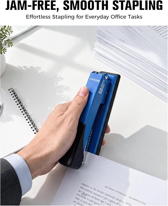 Marsrock Heavy Duty Stapler for Desk with 50 Sheet, 3000 Staples, Blue | Office Stapler, Classroom Stapler, Teacher Stapler, Full Strip Desktop Stapler, Easy to Load & Magnetic Staple Remover