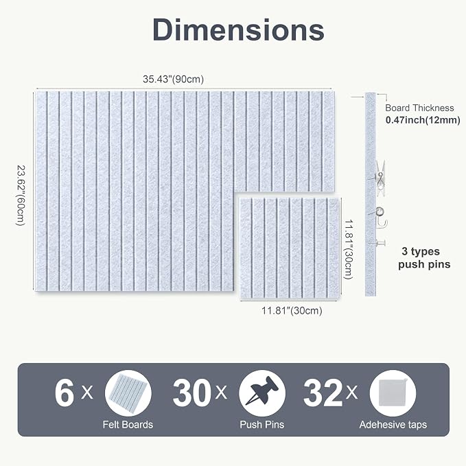 0.47" Thick Felt Pin Board 36"x24" Large Cork Board Alternative 6 Pack 11.81"x11.81"Felt Bulletin Board Wall Tiles Notice Board with 30 Pushpins for Home Office School(Fine-Silver Grey)