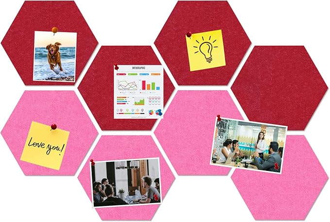 Large Hexagon Felt Cork Board Tiles, Self Adhesive DIY Felt Bulletin Board Pin Board with 35 Pushpins for Office School Home Wall Decor Stickers Memos Photos Display(Red+Pink)