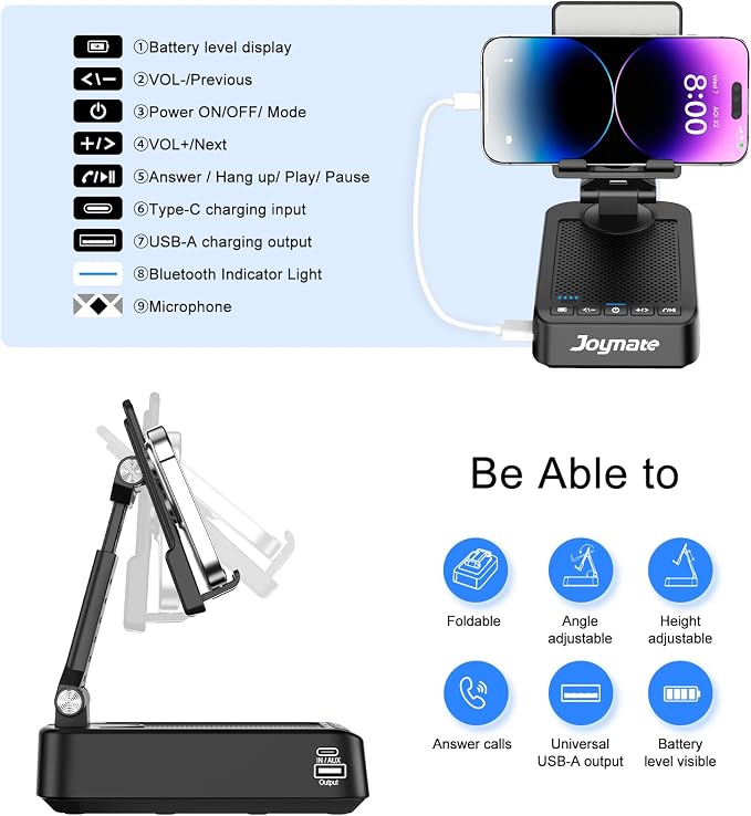 Gifts for Men Women, Phone Stand with Bluetooth Speaker and Charging Function 360° Rotable Angle Adjustable Cell Phone Holder with HD Stereo Sound Fits All Phones,Tablet (Black)