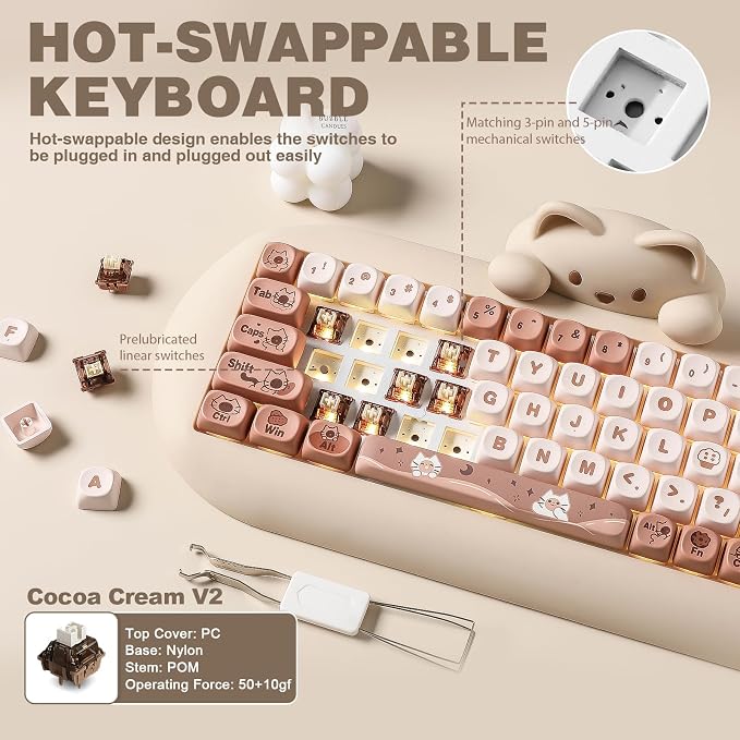 YUNZII C68 Silicone Cute Cat Mechanical Keyboard (Brown,Cocoa Cream Switch) | Wireless Triple Mode BT5.0/2.4G/Wired, RGB Backlit NKRO, Cute Cat Silicone Ergonomic Design for Win/Mac