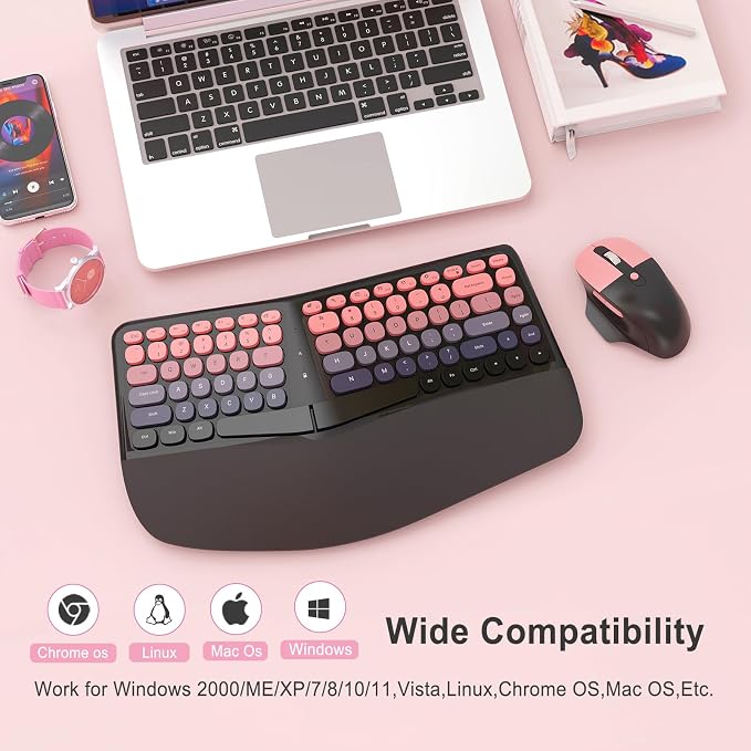 Ergonomic Wireless Keyboard Mouse, Mechanical Gaming Set with Wrist Rest | Compatible With All windows and Type C Computer,With OTG & Long Clean Bruch,Ideal for PC, Home, Office and College