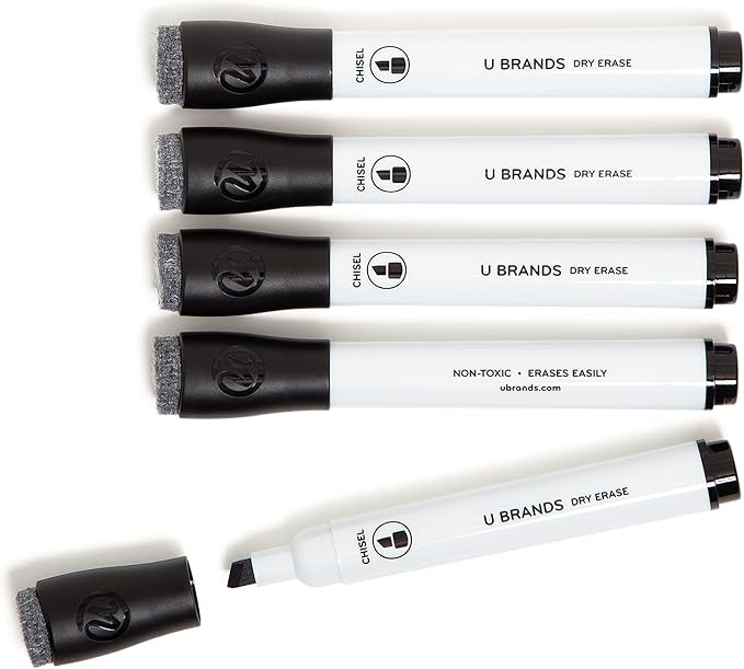 U Brands Low Odor Dry Erase Markers with Erasers, Chisel Tip, Black, 5 Count (Pack of 4)