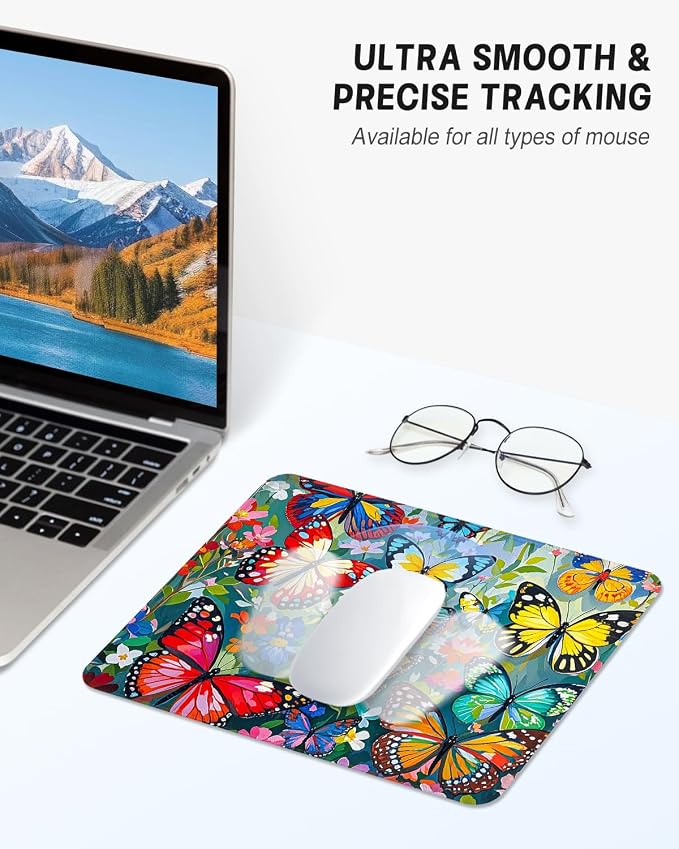 Mouse Pad, Cute Mouse Mat, 10" x 8", Colorful Butterfly | Square Waterproof Gaming Computer Mat, Textured Top, Stitched Edges, Non-Slip Rubber Base for Office Home Laptop Keyboard