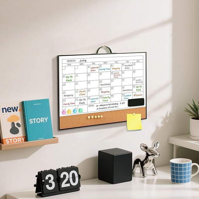 White Board Calendar - 16" X 12" Dry Erase Board Monthly Calendar, Double Sided Whiteboard with a Handle, Black Aluminum Frame Calendar for Home, School, Office