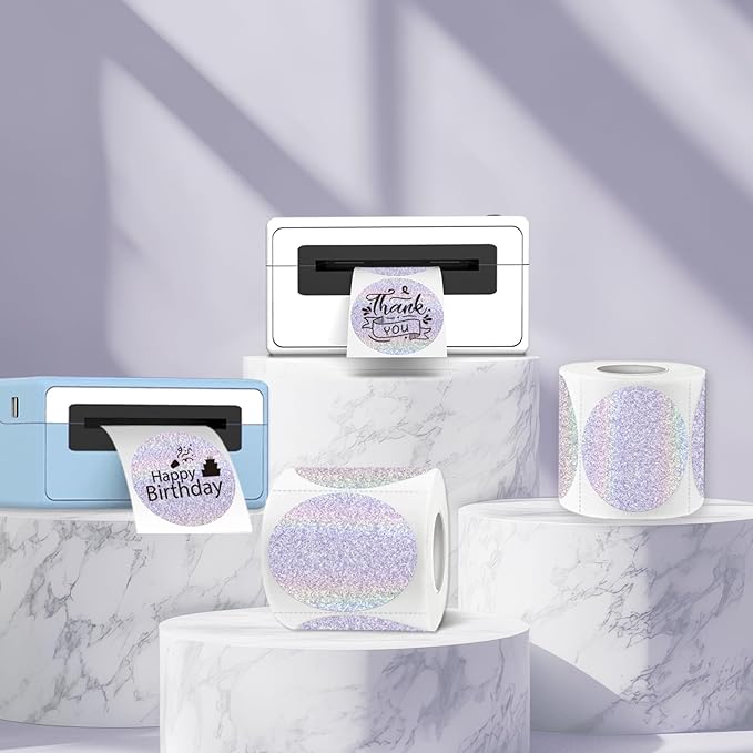 3 Inch Holographic Thermal Labels,Round Thermal Printer Labels,Waterproof Thermal Printer Stickers for DIY Logo Design,Name Tag,QR Code,Thanks Card 150 Labels/Roll (Purple dots)