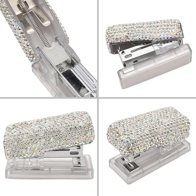 Bling Rhinestone Stapler, Sparkly Diamond Staplers, Cute Desk Stapler for Women & Girls, Bling Crystal Machine Pretty Office Stationery Kit (Clear with AB Color Plated, Small)