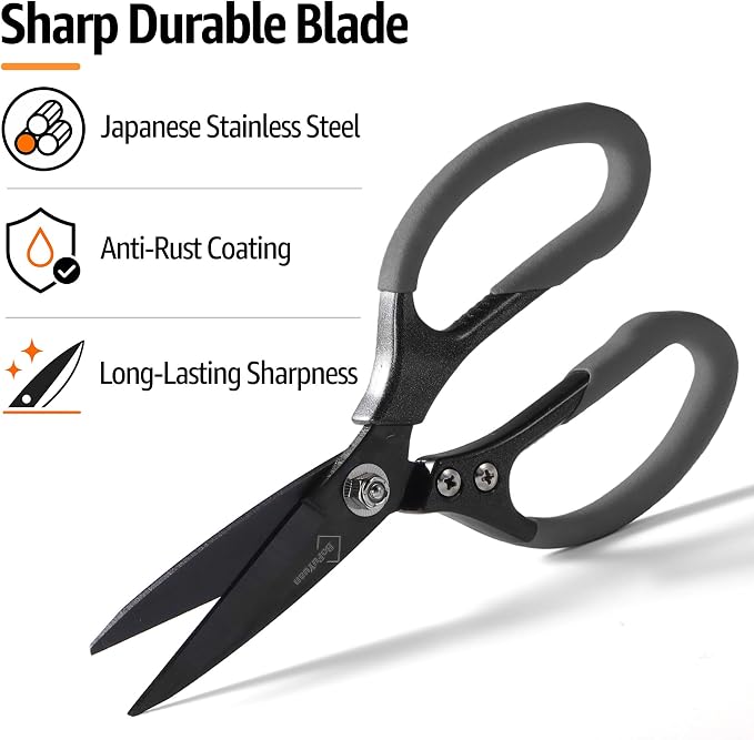 BoFuYuan Heavy Duty Scissors for Cutting Carpet Cardboard Leather Fabric | Stainless Steel Blades, Comfort Grip, Multipurpose Utility Sharp Shears for Kitchen Garden Office Craft Sewing, 8.5 Inch Grey