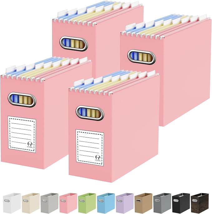 Portable Collapsible Cardboard File Box with Handle for Letter-Size | 4-Pack. Stainless Steel Handle. Label Stickers Included. Fits Letter Folders (Not Included). Home, Office, School, Dorm, Tax.