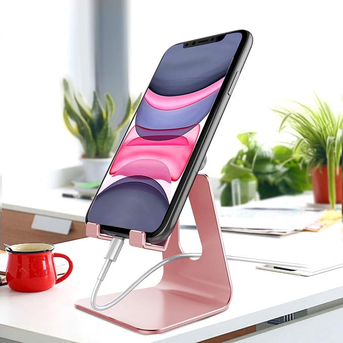 CreaDream Aluminum Cell Phone Stand, Adjustable Phone Holder for Desk | Adjustable Viewing Angle, Desktop Stand, Stable Base, Fits iPhone 17 16 15 14 13 Pro Max Desk Accessories Rose Gold