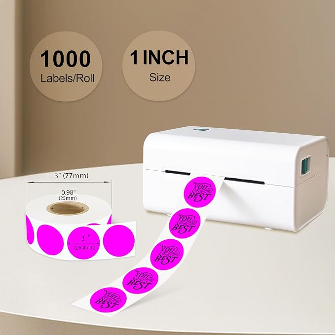 1 Inch Round Thermal Sticker Labels,Color Dot Stickers,Label Stickers,Waterproof,Oil Proof,for Thermal Printers,DIY,Office,Retail,Home and Warehouse Organization,1000 Pcs Fluorescent Purple