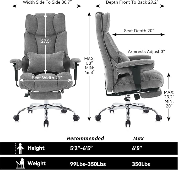 Efomao Big and Tall Fabric Executive Office Chair,Grey | 400lbs support, 135° recline, dual-layer foam cushion, 23.5" seat & footrest