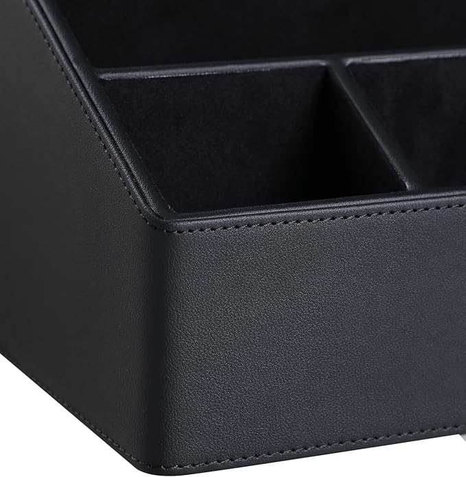 PU Leather Desk Organizer, Remote Control Holder, Black | Luxury Nightstand Organizer for Home, Office Desk Accessories, Bedside Table Caddy with 5 Compartments, Velvet Lining