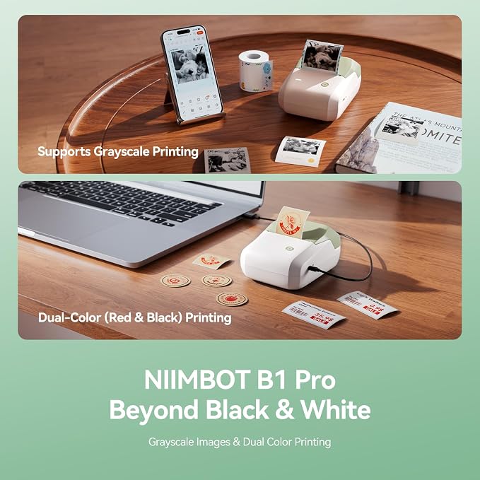 NIIMBOT B1Pro Label Maker, 300DPI HD Sticker Printer for Photo, Green | Red&Black Dual-Color Label Printer for Stores, Small Business, Built-in a Roll of Label(2 x 1.2 inches-White)