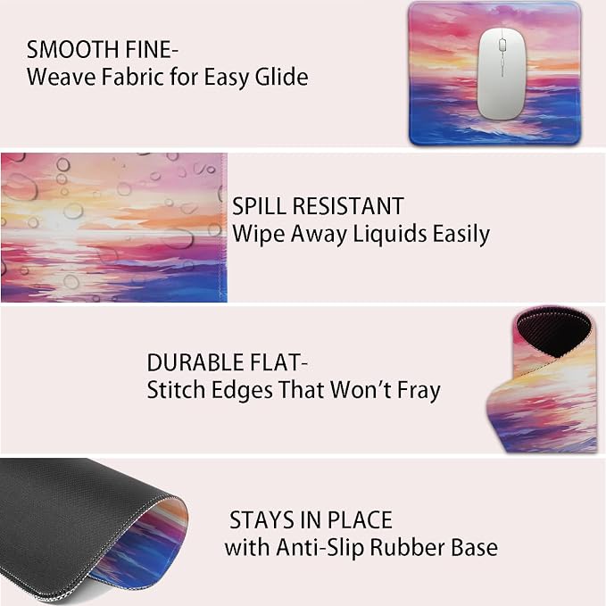Mouse Pad for Desk with Stitched Edge, Premium Cute Washable Mouse Pads. Computer Mousepad with Non-Slip Rubber Base, Mousepads for Laptop, 9.25x7.75x0.12 inch (Sunset Glow)