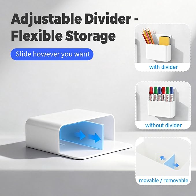 2 Pack Magnetic Pen Holder for Refrigerator & Whiteboard, Full-Back Magnet Dry Erase Marker Holder with Adjustable Divider, Magnetic Marker Holder for White Board Office Desk Locker Accessories, White