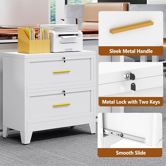 2 Drawer Metal File Cabinet with Lock,Lateral Filing Storage Cabinets,Steel Wide File Organization for Legal/Letter/A4/F4 Size with Hanging Files&Key,Lockable Printer Stand for Home Office, White