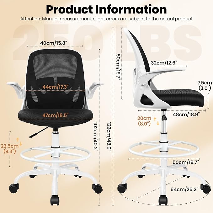 Ergonomic Drafting Chair with Flip-up Armrests Tall Office Chair for Standing Desk Comfortable Desk Chair with Adjustable Footrest Ring and Lumbar Support in Gray Perfect for Home (White)