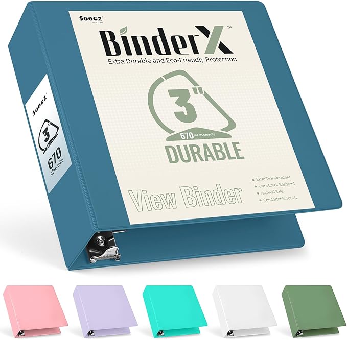 Sooez BinderX Extra Durable 3 Inch 3 Ring Binder, D-Ring Large Binders, Holds 670 Sheets of 8.5x11 Paper, Customizable View Cover with Inside Pockets, Heavy Duty 3 Ring Binder for School, Grey Blue
