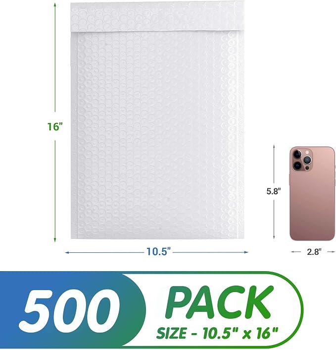 Poly Bubble Mailers, 10.5 x 15 Inch White Padded Mailers, Self Seal Shipping Envelopes, Lightweight Poly Mailer Bags, Waterproof Mailing Bags, Pack of 500