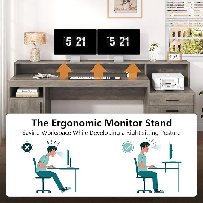 65" Computer Desk with 3 Drawers & Printer Shelf for Home Office | Office Desk with Printer Shelf & File Drawer, Executive Desk Writing Study Table with Monitor Stand, Grey