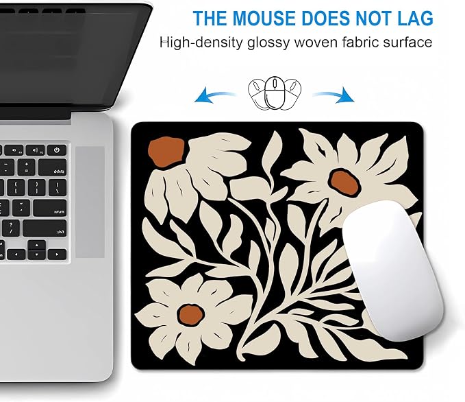 Square Small Mouse Pad Boho, Vintage Floral Black Computer Mousepad, Retro Mouse Pads with Flowers, Abstract Mouse Mat for Wireless Mouse, Office Gifts for Coworkers, Decor Gift for Women, 9.5x7.9 in
