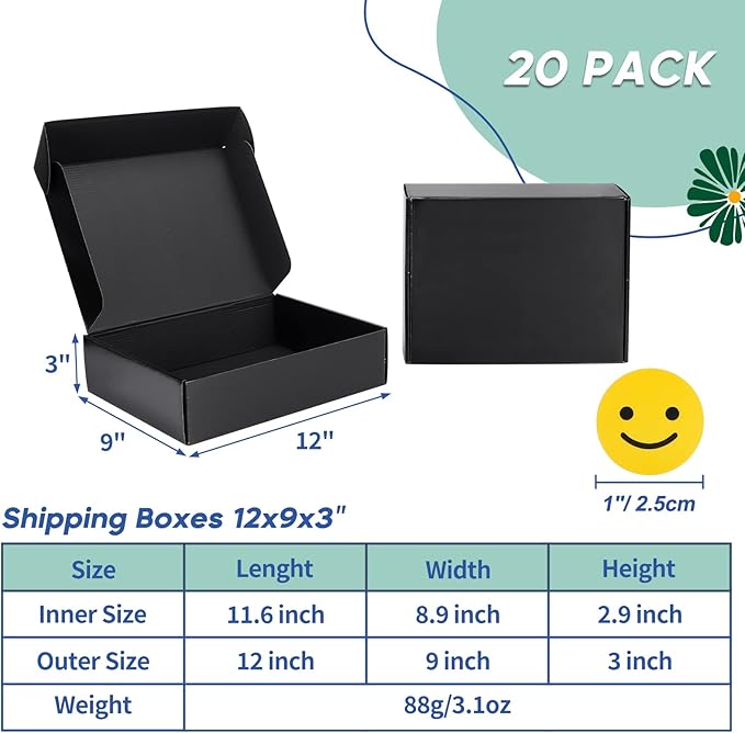 Rempry 12x9x3 Inches Black Shipping Boxes 20 Pack, Corrugated Cardboard Mailer Boxes for Packaging, Gift Boxes with Lids for Small Business