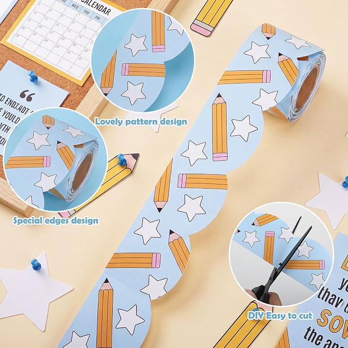 32.8 Ft Pencil Bulletin Borders Classroom Scalloped Trim Decor | Blue Pencil Stars Design for Teachers, Scalloped Edge Bulletin Board Trim, Back to School Classroom Decor Supplies