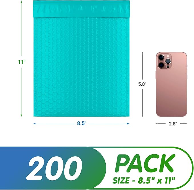 Poly Bubble Mailers, 8.5 x 11 Inch Teal Padded Mailers, Self Seal Shipping Envelopes, Lightweight Poly Mailer Bags, Waterproof Mailing Bags, Pack of 200