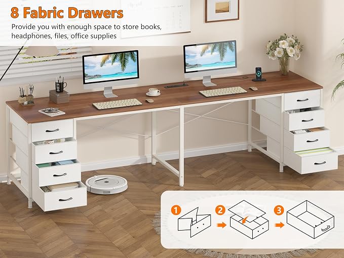 95" 2 Person Desk with 8 Fabric Drawers for Home Office, Living Room | Long Computer Desk Office Desks with Storage, Two Person Double Desks with Power Outlets, Brown and White