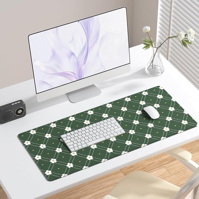 Desk Mat, Large Gaming Mouse Pad, 32" x 12", Cute Green Argyle | Waterproof Desk Pad, Non-Slip Rubber Base, Desktop Mat with Stitched Edges, Desk Accessories for Office, Work, Home