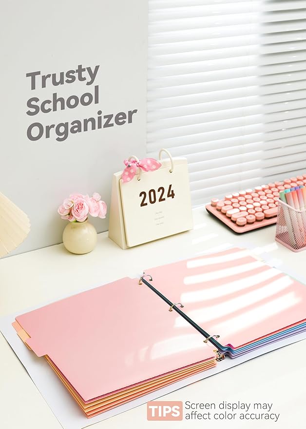 Plastic Folders with Pockets 3 Hole Punched, 6 Pack Pink Pocket Folders for 3 Ring Binder, Unique 1/3 Cut Tabs with Colorful Labels, School Folders, Letter Size