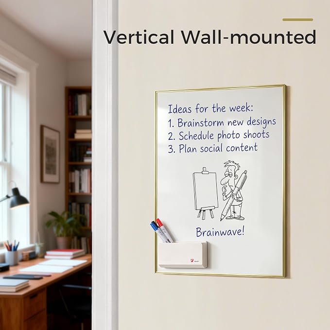 TOWON Magnetic Dry Erase Board 24x18 in, Narrow Aluminum Frame, Gold | Hangable message board for home office, kitchen, dorm and school decor, sleek narrow frame