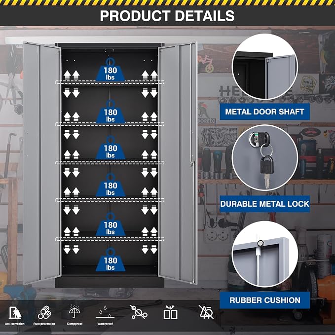 Fesbos Metal Cabinet Steel Storage Cabinet - 71” Tall File Cabinets with Lockable Doors and 5 Adjustable Shelves Black&Gray Steel Storage Cabinets for Home, School, Office, Garage