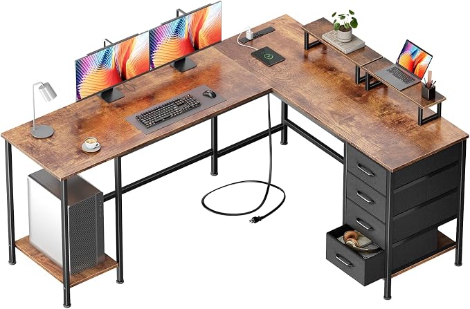 Korfile 66 inch L Shaped Computer Desk with Power Outlets, Rustic Brown | Ideal for Home Office, Bedroom, Corner, 4 Adjustable Storage Drawers, 2 Monitor Stands, Reversible, Two Person Gaming Table