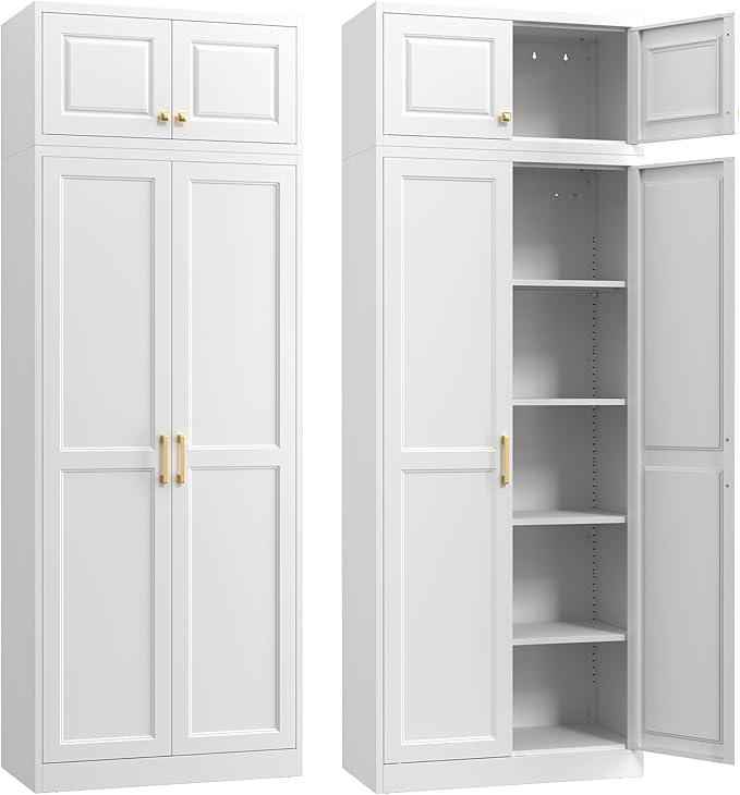 Steeloong86“ Kitchen Pantry Cabinet,Metal Storage Cabinets with Doors and 4 Adjustable Shelves,White Kitchen Cabinet with 4 Gold Handles,Tall Cabinet for Livingroom,Pantry, Bathroom