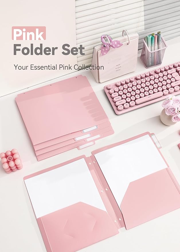 Plastic Folders with Pockets 3 Hole Punched, 6 Pack Pink Pocket Folders for 3 Ring Binder, Unique 1/3 Cut Tabs with Colorful Labels, School Folders, Letter Size