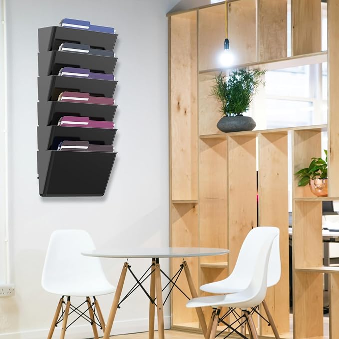 MINDEPOT 6 Pockets Acrylic Wall File Organizer, Wall File Holder Black | Single Wall File Organizer, Save Space, Sturdy Acrylic Material, Black File Holder for Office Home