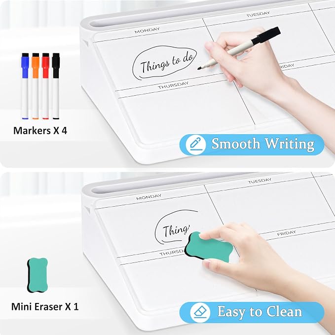 DOLLAR BOSS Glass Desk Whiteboard Calendar Small Dry Erase Board, White | Desktop White Board with Storage Drawer, Weekly Calendar, Computer Keyboard Stand, Desk Organizer, Office Supplies