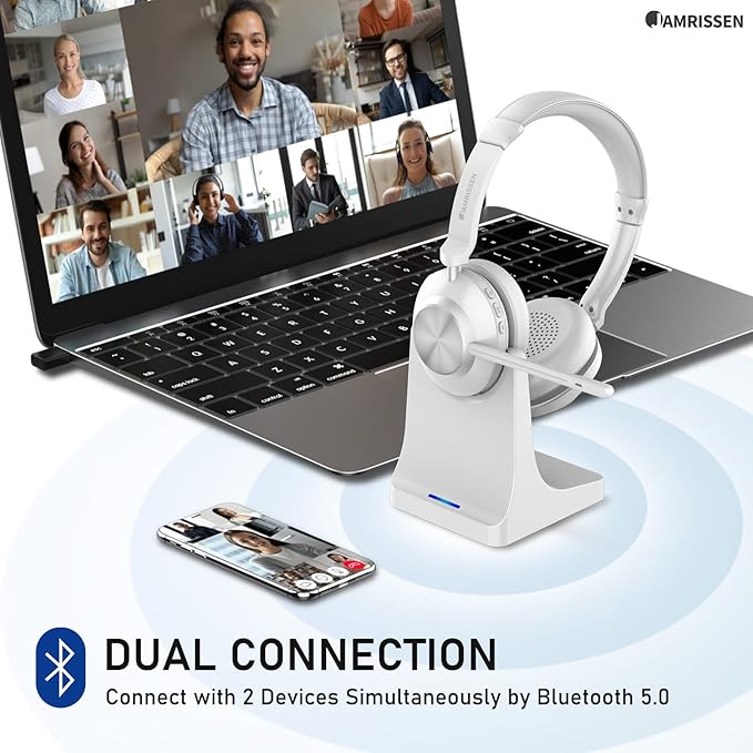 Wireless Headset with Mic for Work, Bluetooth Headset with Microphone, AI Noise Canceling Mic & Mute, Wireless Headphones with USB Dongle & Charging Dock for PC/Cell Phones/Call Center/Teams
