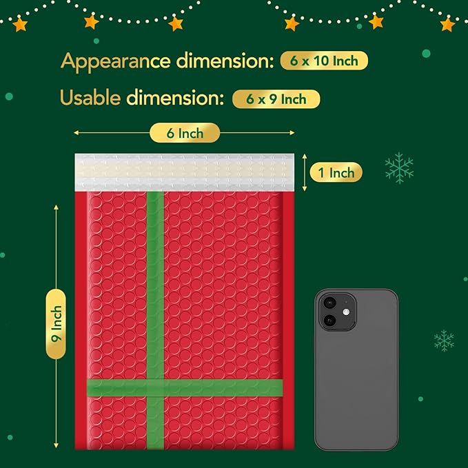 Fuxury Bubble Mailers 6x10" Christmas Padded Envelopes 25 Pack Usable Size 6x9" Thick Mailing Envelopes Bubble Opaque Padded Mailers Shipping Bags for Mailing Jewelry Makeup Small Business #0 Red