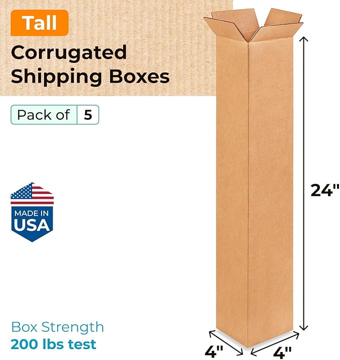 Tall Moving & Shipping Boxes 4 x 4 x 24 inches (5-Pack) - Extra Strength 200 lb vs Regular - USA-Made Corrugated Moving Boxes - Packing Box for Shipping by IDL Packaging