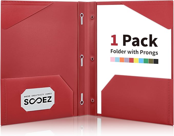 Sooez 1 Pack Plastic Folder, 2-Pocket Folders with Prongs | Fit Letter Size Paper, Sturdy 3 Prong File Folders for Documents, Folders with Pockets Back to School Supplies for Kids