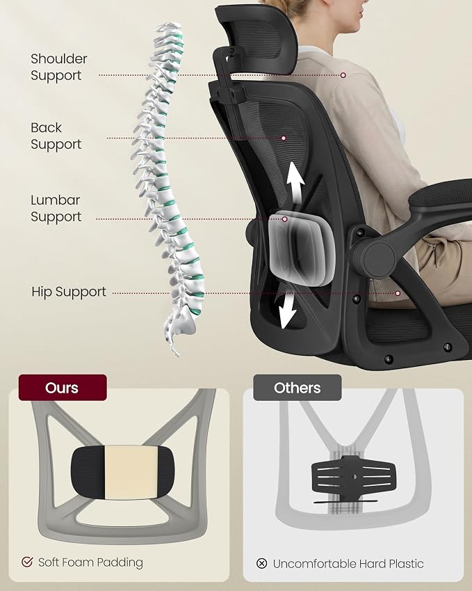 VASAGLE Ergonomic Mesh Office Chairs with Adjustable Lumbar Support and Headrest, 90-105° Tilt Function, Wide Seat, Flip‑Up Armrests, Computer Desk Chairs for Home Office, Set of 2, Ink Black