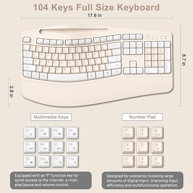 Wireless Keyboard and Mouse Combo, 2.4G Ergonomic Wave Keys(Milk Tea-A) | Full Size Ergonomic Keyboard with Wrist Rest, Phone Holder, 3-Level DPI Silent Mouse with 6-Buttons,for Windows/Mac OS/Laptop