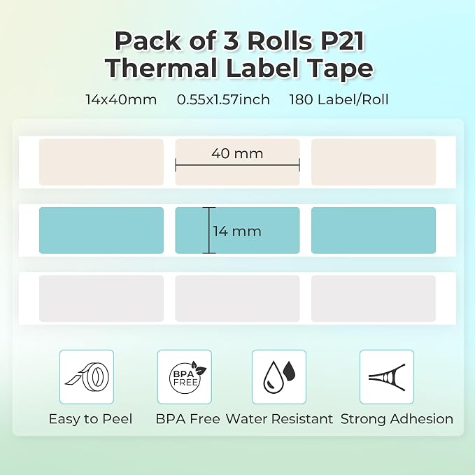 NELKO Genuine P21 Label Maker Tape,14x40mm, 3-Roll, Grey/Brown/Green | Easy to Peel, BPA-Free, Strong Adhesion, Water-Resistant & Oil-Proof, Great for School, Office, Home, Kitchen, Black on White