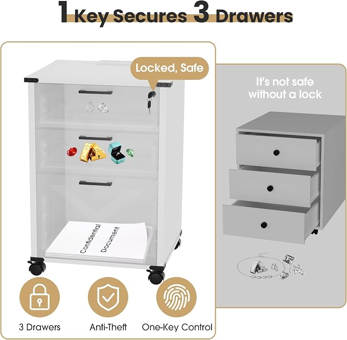 Onelike Small Wood File Cabinet with Charging Station and Lock, 3 Drawers | Built-in 2 AC, USB & Type-C; 1 lock secures 3 drawers; Nightstand, Printer stand and Mobile under-desk cabinet; White