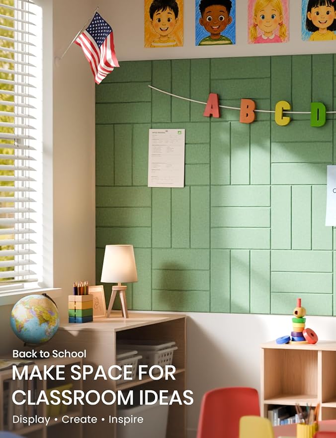 28" x 18" Felt Bulletin Board Tiles, Bold Stripe, Moss Green | 6-Pack Cork Board Alternative, 30 Adhesive Tabs, Push Pin Board, Wall Decor, Office, Home, Classroom, Dorm
