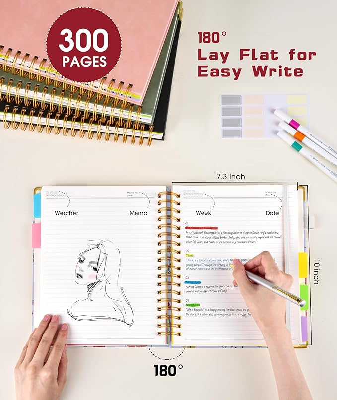 Hardcover Spiral Notebook Journal with Removable Dividers Tabs, 300 Pages 5 Subject Notebook College Ruled, 8"x10" Large Notebooks for Work School Note taking, Journal for Women, Flower White