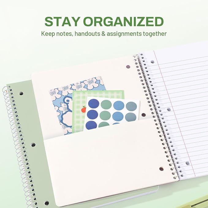 SUNEE Spiral Notebook, 1-Subject, Wide Ruled Paper, 8" x 10-1/2", 100 Sheets per Notebook, 3-Hole Punched Paper, Water Resistant Cover, Double-sided Pockets, Spiral Lined Notebooks for School, Green